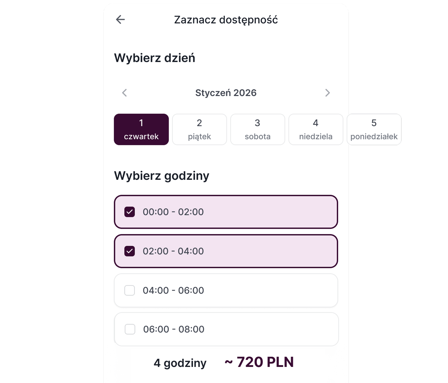 Formularz wyboru godzin i stawki